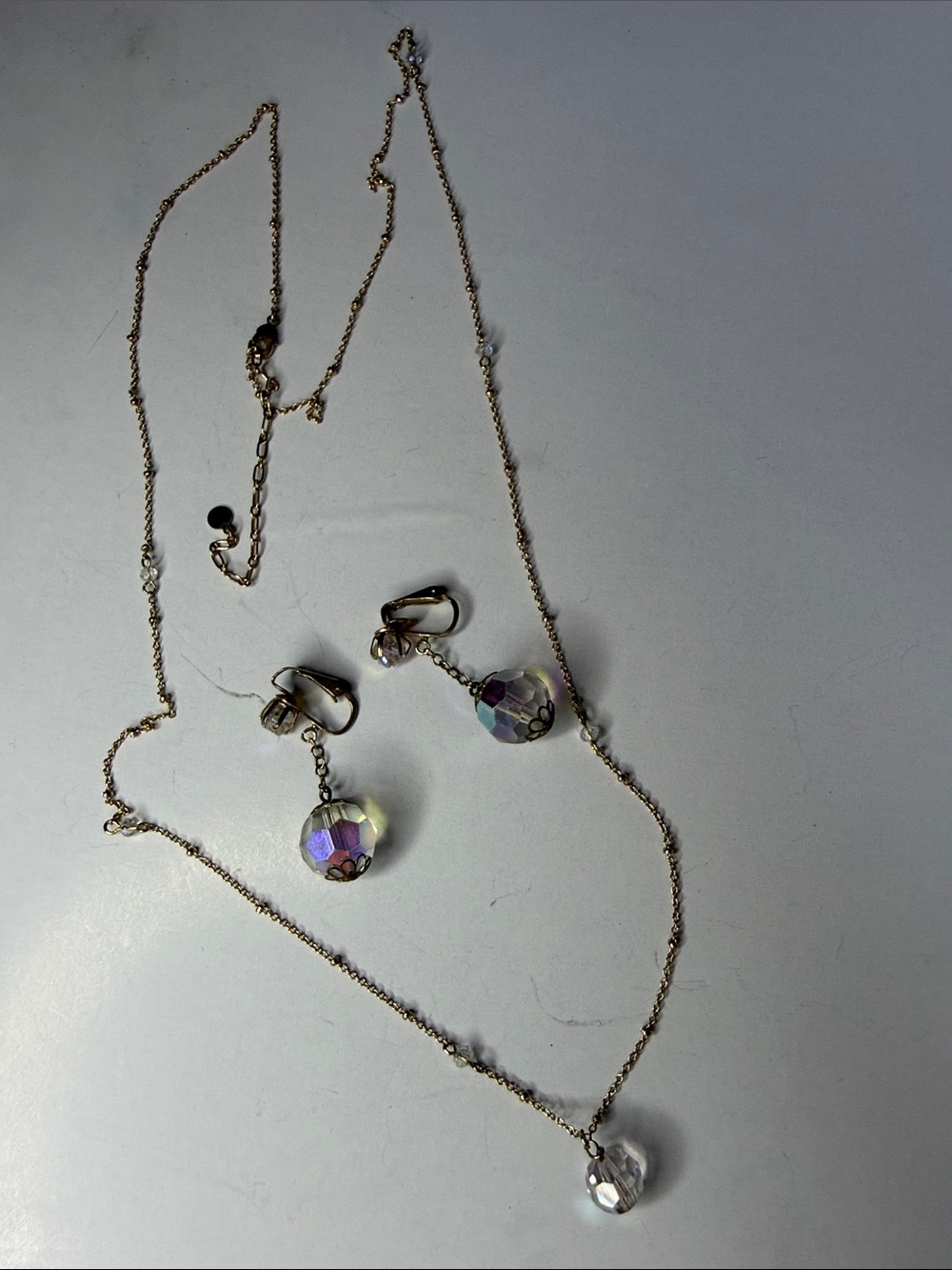 Delicate Gold Necklace and Aurora Crystal Clip-On Earring Set